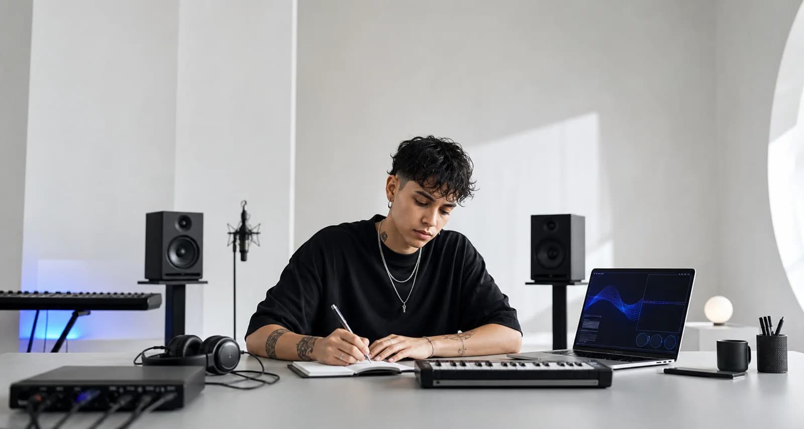 Creador musical escribiendo ideas en un estudio contemporáneo